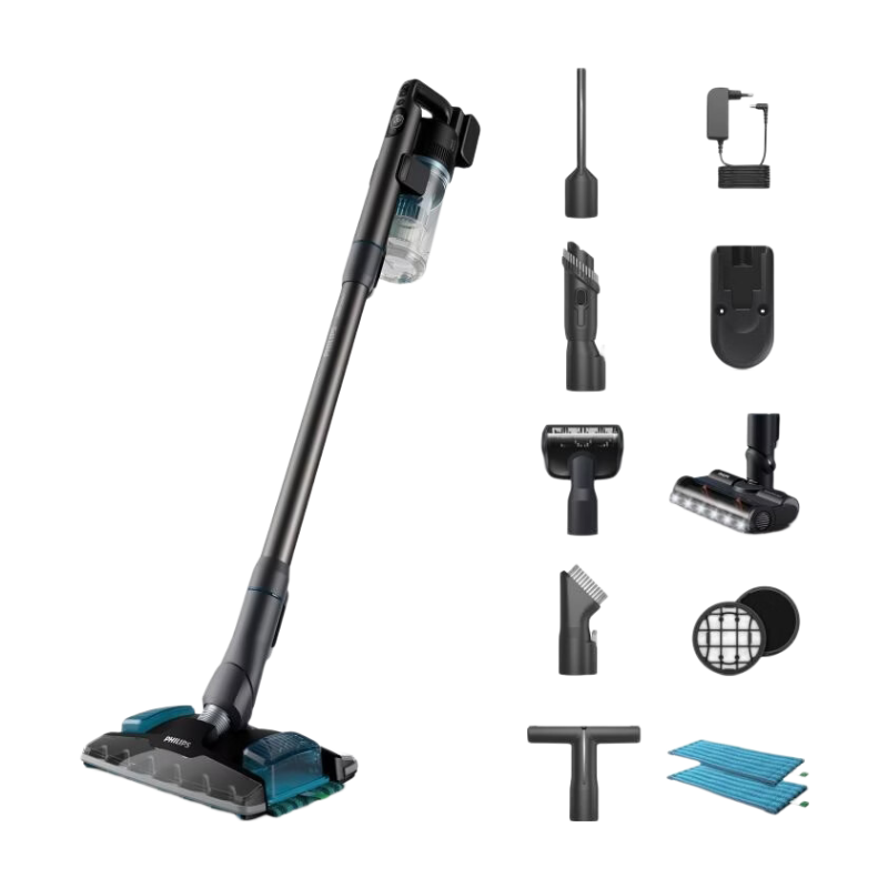 Philips Steelstofzuiger met Dweilfunctie XC8055/01 Aqua Plus - Draadloos en Zonder Zak - Zuigmond met LED Verlichting - Kruimeldief - Batterijduur tot 80 min - Lichtgewicht - Blauw