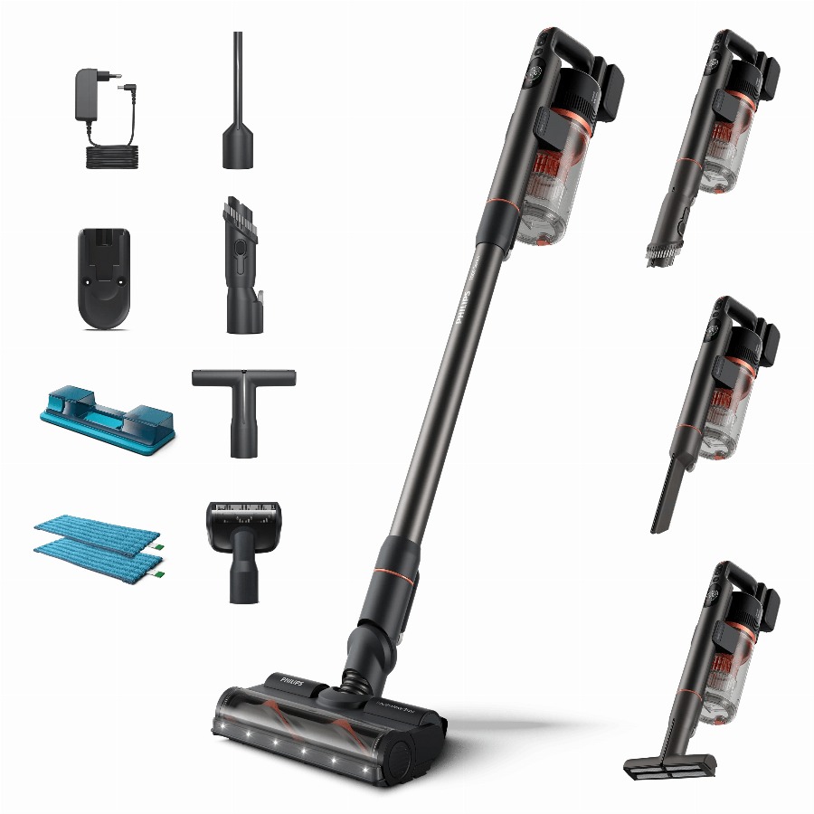 Philips Steelstofzuiger met Dweilfunctie XC7055/01 Aqua – Draadloos en Zonder Zak – Zuigmond met LED Verlichting