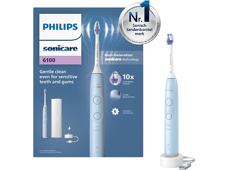 Philips Sonicare 6100 Series Elektrische Tandenborstel Lichtblauw + Sensitive Opzetborstel Reisetui – Hx7406/02