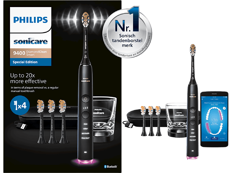 Philips Sonicare Diamondclean Smart 9400 – Elektrische Tandenborstel Zwart + 4 A3 Opzetborstels Oplaadglas (hx9918/89 )