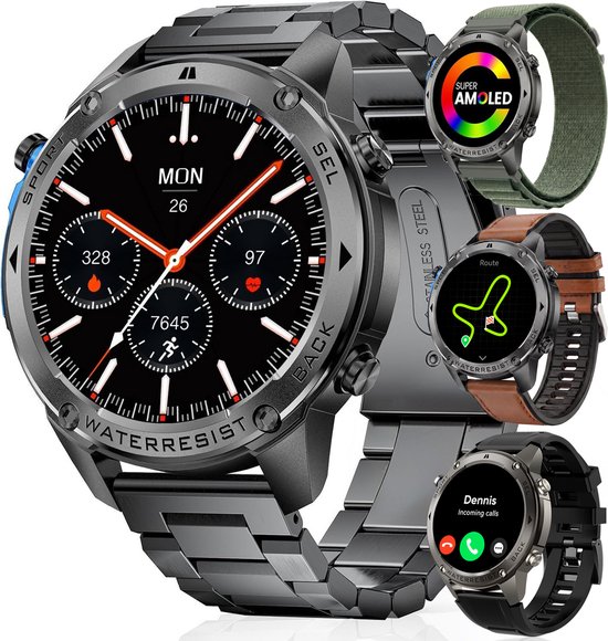 Synyq GPS Pro – GPS Smartwatch Heren – 51mm – AMOLED Scherm – 4 Bandjes – 5ATM Waterdicht – Belfunctie – 170+ Sportmodi – Stappenteller – Hartslag, Slaapmeter – Smartwatch Heren -…