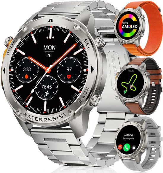 Synyq GPS Pro – GPS Smartwatch Heren – 4 Bandjes – 51mm – AMOLED Scherm – 5ATM Waterdicht – Belfunctie – 170+ Sportmodi – Stappenteller – Hartslag, Slaapmeter, SpO2 – Smartwatch He…