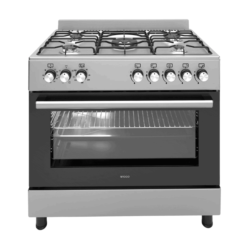 Wiggo WO‑E905R(XX) – Vrijstaand gasfornuis – 90 cm – 5 kookzones met wokbrander – 110L elektrische oven – Roestvrijstaal – Elektrische vonkontsteking & vlambeveiliging – Energiekla…