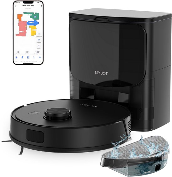 MYBOT X9 PRO - Robotstofzuiger Met Dweilfunctie - 6500PA Zuigkracht - Leegt Automatisch - Ideaal voor Huisdieren - Zelflerende Robotstofzuiger - Met Laadstation - Uitgebreide Mappi…