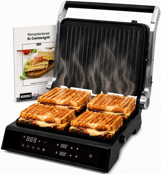 XL Croque-monsieur machine met Receptenboek – Grill Apparaat – Contactgrill – Touchscreen – Uitneembare Platen – 2000W – Zwart – Rurido