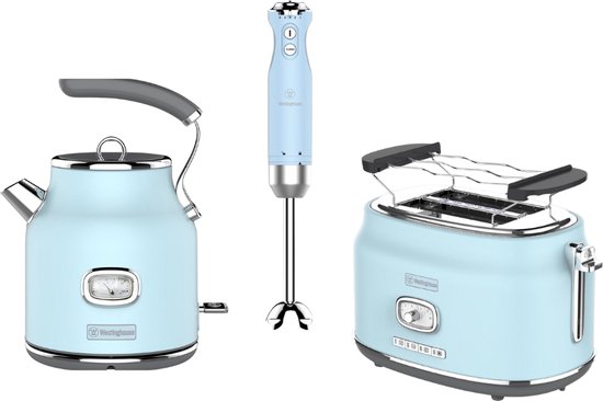 Westinghouse Retro 3-delige Set – Waterkoker 1,7L + Broodrooster 2 Sneden + Staafmixer – Blauw
