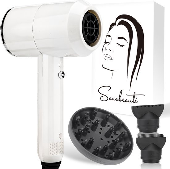 Sansbeauté® Föhn met Diffuser - Ionische Haardroger - Borstel - Reisföhn - 3 Opzetstukken - Krullen - Krul Feun Set - Sèche Cheveux - Haarföhn met Defuser - Hair Blow Dryer - 2000W…