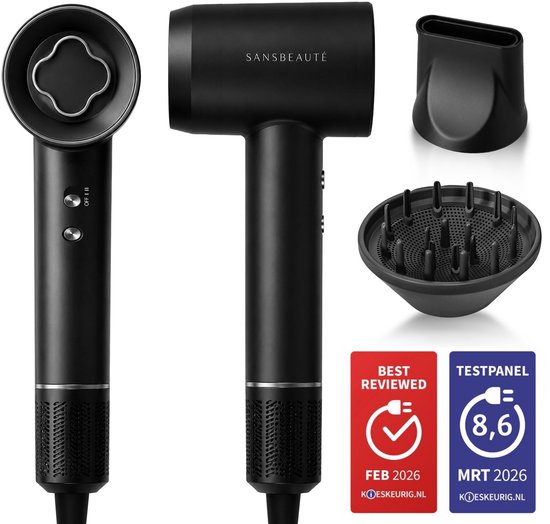 Sansbeauté® Föhn met Diffuser - Krullen - 110.000RPM - Ionische Haardroger met Borstel - 3 Standen - 3 Opzetstukken - Reisföhn - Sèche Cheveux - Krul Feun Set - Haarföhn met Defuse…