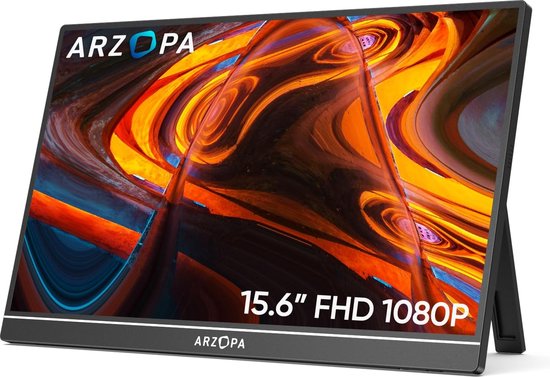 Arzopa Portable Monitor – A1 Kickstand - Portable lichtgewicht Draagbaar Reis Monitor - Ultradun - sRGB 100% - Speakers - Metalen Frame - 15.6 inch