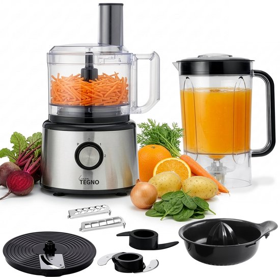 Linea Tegno Food Processor PRO-FP8001 - 5-in-1 RVS keukenmachine: blender, hakmolen, groentesnijder, citruspers en mixer in één. Voor groenten, fruit, noten, soepen, deegsoorten. 2…