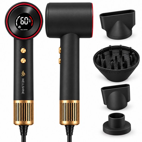 Wellshine Föhn met Diffuser - Ionische Haardroger voor Krullen & Stijl - Haarföhn - Reisföhn - Coolshot - 3 Standen - Föhn met Borstel - Incl. 4 Opzetstukken - Sèche Cheveux - Hair…