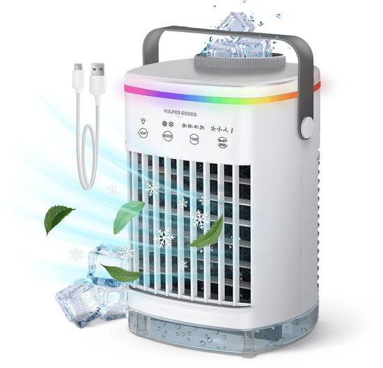 Vulpes Goods® Tech - Mini Airco PRO - Mobiele Airco - Luchtkoeler 4in1 - Aircooler - Tafelventilator - 4 windsnelheden, 2 luchtbevochtingsstanden & timer - Lekvrij - Wit