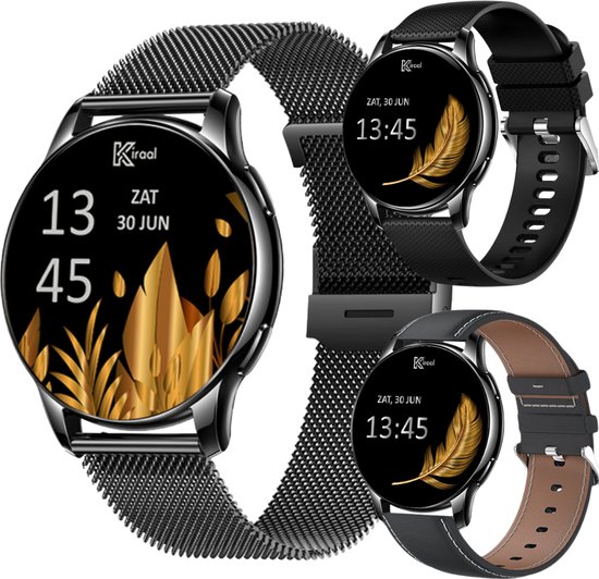 Kiraal Valencia AMOLED Smartwatch voor Dames – RVS, Lederen en Siliconen Bandje – Hartslagmeter – Stappenteller – Slaapmonitor – Multisport – Compatibel met Android en iOS – Zwart