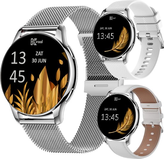 Kiraal Valencia AMOLED Smartwatch voor Dames - RVS, Lederen en Siliconen Bandje - Multisport - Slaapmonitor - Stappenteller - Hartslagmeter - Compatibel met Android en iOS - Zilver…