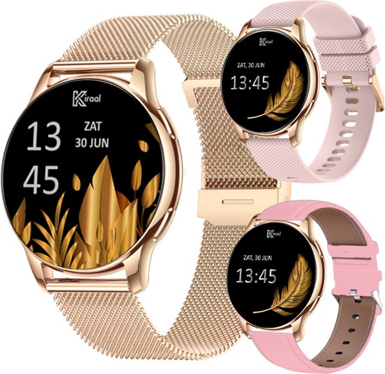Kiraal Valencia AMOLED Smartwatch voor Dames – RVS, Lederen en Siliconen Bandje – Hartslagmeter – Stappenteller – Slaapmonitor – Multisport – Compatibel met Android en iOS – Rosé G…