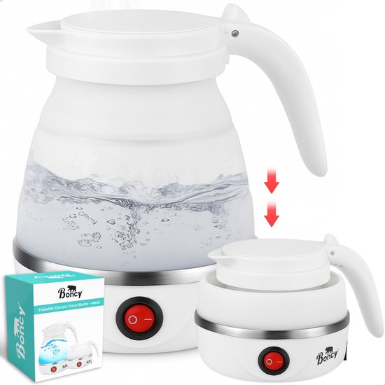 Boncy® Premium Mini Opvouwbare Waterkoker – 0.6 Liter Kleine Reiswaterkoker – Inklapbaar Wit – Reis Waterkokers voor Camping Hotel Senioren – Klein Draagbare Travel Water Koker Bei…