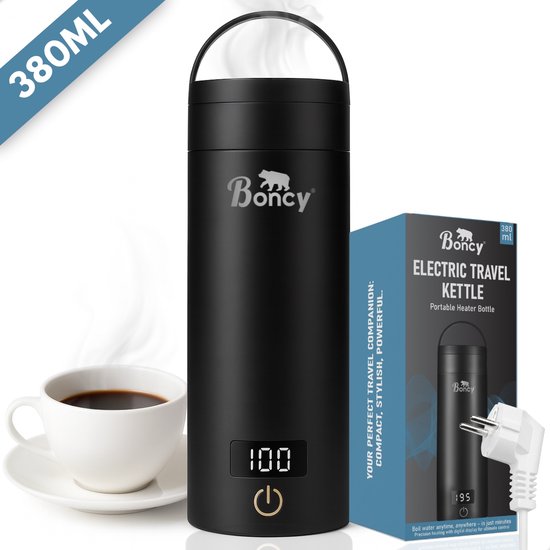 Boncy® Premium Mini Waterkoker met Temperatuurregeling – 380ml met Thermometer en Warmhoudfunctie – Kleine RVS Reiswaterkoker Zwart – Reis Waterkokers voor Camping Hotel Senioren -…
