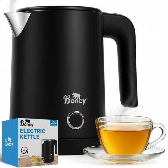 Boncy® Premium Mini Waterkoker – 0.5 Liter – Kleine Reiswaterkoker RVS Zwart – Reis Waterkokers voor Camping Hotel Senioren – Klein Draagbare Travel Water Koker Grijs – 0,5 L Retro