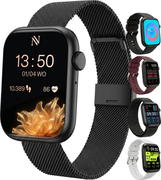 Nuvance Smartwatch Dames – Smartwatch Heren – Stappenteller Horloge Dames – Hartslagmeter – Sporthorloge – Geschikt voor iOS/Android – Incl. 5 Bandjes – Zwart