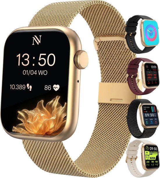 Nuvance Smartwatch Dames - Stappenteller Horloge Dames - Hartslagmeter - Sporthorloge - Geschikt voor iOS/Android - Incl. 5 Bandjes - Goud