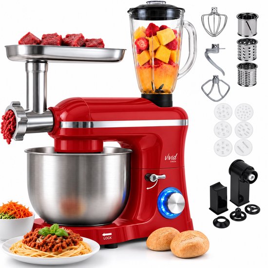 Keukenrobot multifunctioneel 2000W – Keukenrobot – Foodprocessor – Keukenmixer met RVS Mengkom – Incl. 15 Accessoires – Incl. Gehaktmolen en Blender 6.2L – Rood – Vivid Green