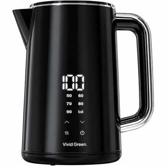 Vivid Green 2200W Waterkoker – 1.7L – Instelbare Temperatuur – BPA-vrij – Dubbelwandig – Warmhoudfunctie – Elektrisch – RVS – Zwart