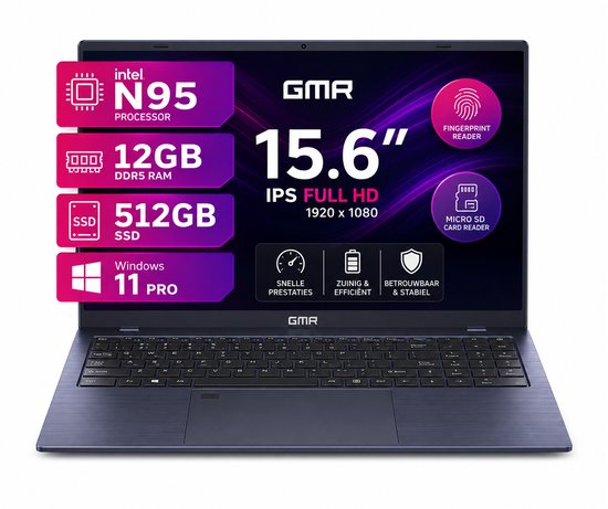 Office Laptop 15.6 Inch Full HD - Intel N95 - 12GB DDR5 RAM - 512GB SSD - Windows 11 Pro - GMR Notebook voor Studie, School, Office, Internet, E-mail en Thuiswerken - Zakelijke Lap…