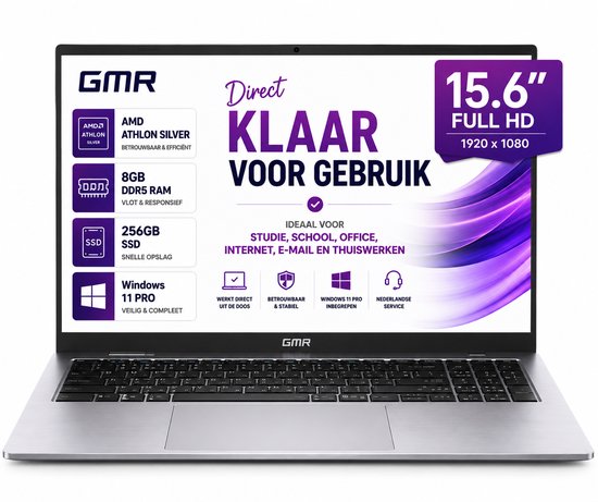 Office Laptop 15.6 Inch Full HD - Windows 11 Pro - 8GB RAM - 256GB SSD - GMR Notebook voor Studie, School, Office, Internet, E-mail en Thuiswerken - AMD Athlon Silver - Studenten L…