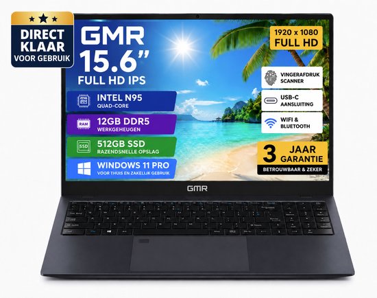 GMR 15.6 Inch Full HD Laptop | Windows 11 Pro | 12GB DDR5 RAM | 512GB SSD | Intel N95 | Vingerafdrukscanner | Direct Klaar voor Gebruik | Voor Thuiswerk, Studie, School, Internet,…