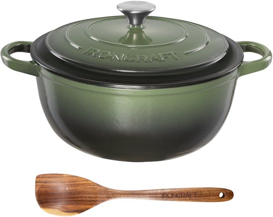 Ozocozy IRONCRAFT Gietijzeren Braadpan 6-8 Personen - 6,7L - Dutch Oven 28 cm - Alle Warmtebronnen incl. Inductie - Groen - Incl. Olijfhouten Kooklepel