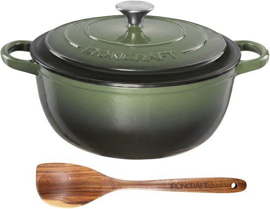 Ozocozy IRONCRAFT Gietijzeren Braadpan 4-6 Personen - 4,7L - Dutch Oven 26 cm - Alle Warmtebronnen incl. Inductie - Groen - Incl. Olijfhouten Kooklepel