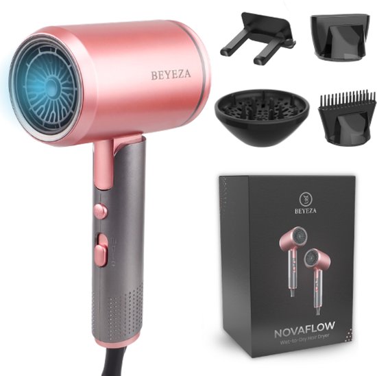 Beyeza Föhn met diffuser - Krullen - Haardroger met Borstel - 2400W - Haarfohn - Roterende Fohn Kop - Fohnborstel - Multistyler - Coolshot
