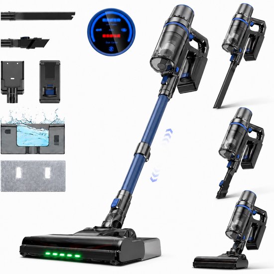 Olvy Steelstofzuiger Draadloos 350W – Met Dweilfunctie – 35000Pa – 5 Zuigniveaus – Vacuum Cleaner – Draadloze Snoerloze Stofzuiger – Zonder Zak – Op Accu – Kruimeldief