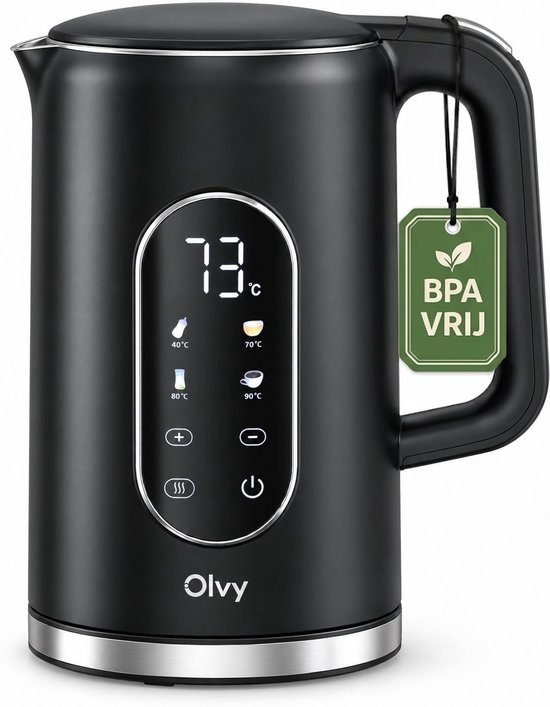 Olvy Waterkoker met Temperatuurregeling – Warmhoudfunctie – RVS – Dubbelwandig – Elektrisch – 1.7 Liter – 2200W – Zwart