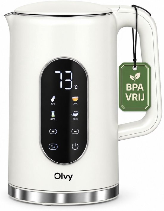 Olvy Waterkoker met Temperatuurregeling – Crème – Warmhoudfunctie – RVS – Dubbelwandig – Elektrisch – 1.7 Liter – 2200W