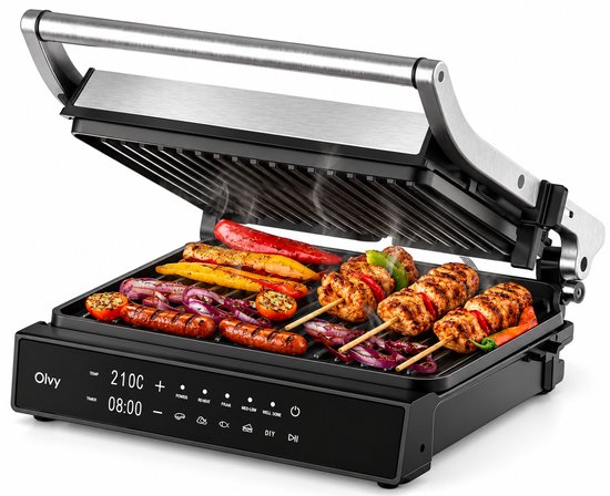 Olvy Contactgrill XL - Uitneembare PFAS-vrije platen - 180º Uitklapbaar - Vaatwasserbestendig - Met Temperatuurregeling - Panini - Croque Monsieur Toestel - Grill Apparaat - Tosti…