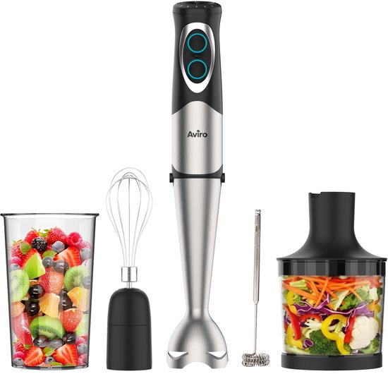 6-in-1 Staafmixer 1000W - Set - 20 Snelheden - Hakmolen, Melkopschuimer, Garde & Maatbeker - RVS - Aviro