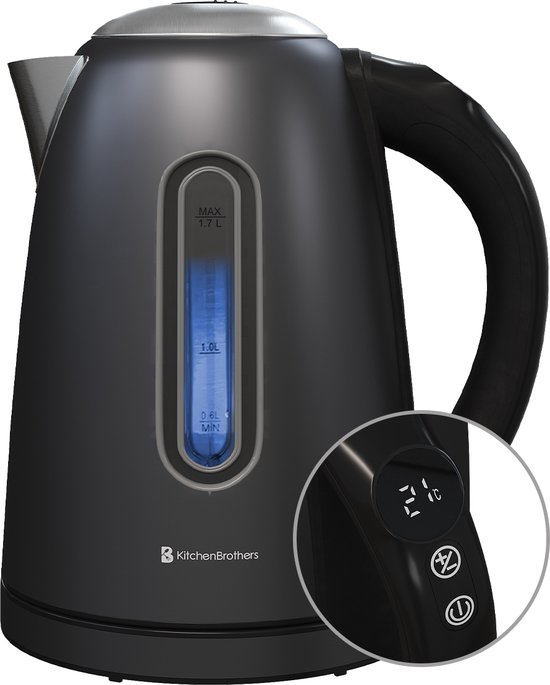KitchenBrothers Waterkoker – Met Temperatuurregeling – Elektrisch – PFAS- & BPA-vrij – Met Kalkfilter – 1,7L – Zwart/RVS