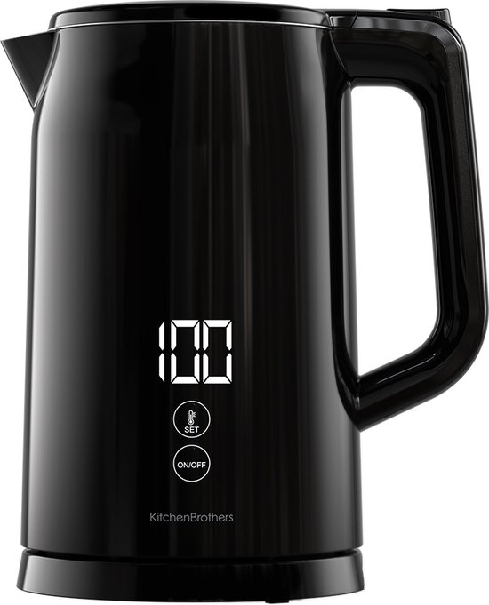 KitchenBrothers Waterkoker – 1.7L – Met Temperatuurregeling – PFAS- & BPA-vrij – Warmhoudfunctie – Display – Dubbelwandig – 2200W – Zwart