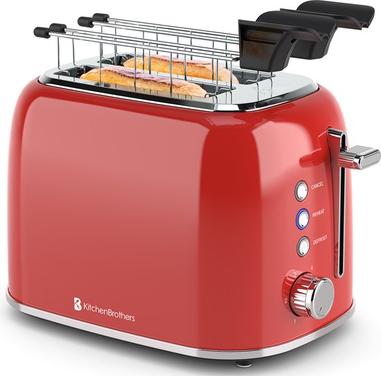 KitchenBrothers Broodrooster met Tostiklemmen - Toaster - Tosti Ijzer - 6 Warmteniveaus - Brede Sleuven - Broodrooster - BPA-vrij - 870W - Rood