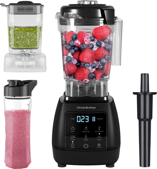 KitchenBrothers 2-in-1 Power Blender - 1600W - BPA-vrij - 2L - Complete Set met Hakmolen en To-go Beker - Smoothie Maker - IJscrusher - Zwart