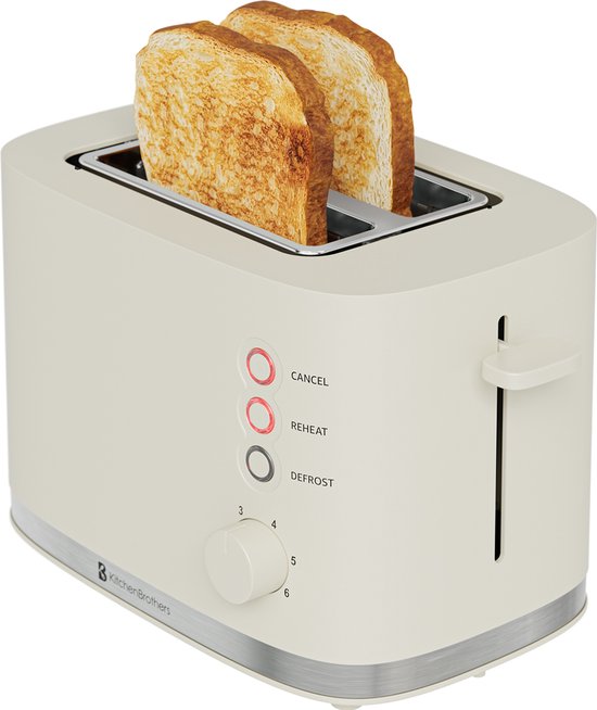 KitchenBrothers Broodrooster - Retro - Toaster - 6 Instelbare Warmteniveaus - 2 Extra Brede Sleuven - BPA-vrij - 870W - Beige