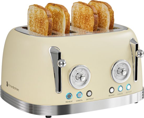 KitchenBrothers Retro Broodrooster - Toaster - 6 Warmteniveaus - 4 Extra Brede Sleuven - BPA-vrij - 815W - Beige