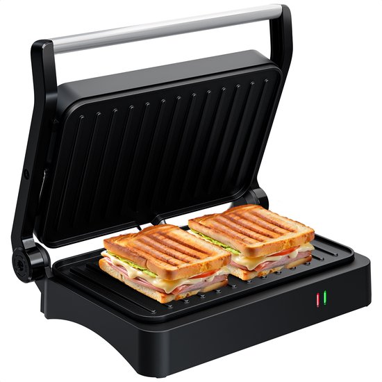 KitchenBrothers Contactgrill - Tosti Apparaat - Panini Grill - Tosti IJzer voor 2 Tosti's - 1200W - Zwart