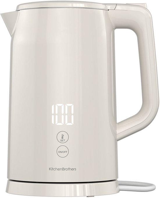 KitchenBrothers Waterkoker – 1.7L – Met Temperatuurregeling – PFAS- & BPA-vrij – Warmhoudfunctie – Display – Dubbelwandig – 2200W – Beige