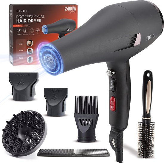 CIRIEL IonFlow™ 2400 - Föhn Met Diffuser - Ionische Haardroger - 2400W - Complete Set - Haardroger Met Borstel - 4 Standen - Ionische Fohn Krullen - 4 Opzetstukken