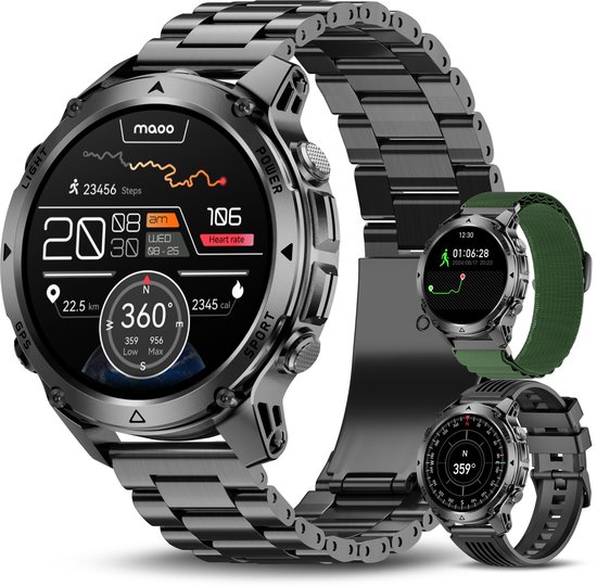 Maoo Titan GPS – GPS Smartwatch Heren – Rugged Sporthorloge – 1,46 inch – 3 Bandjes – Stappenteller – Hartslagmeter – Slaapmonitor – Belfunctie – LED Zaklamp – 100+ Sportmodi – Ges…