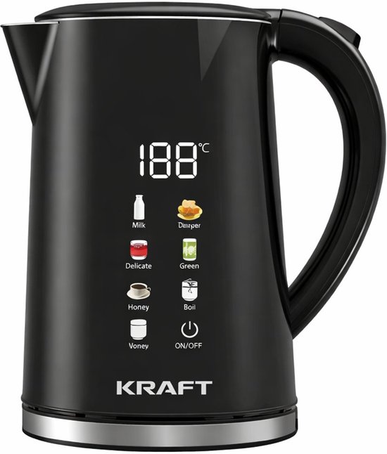 KRAFT Waterkoker met Temperatuurregeling – 1,7 Liter – LED Touch – Zwart – 2200W