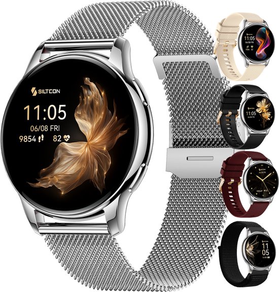 Siltcon® Auréa Smartwatch Dames & Heren - Horloge Dames - Stappenteller Horloge Dames - Hartslagmeter - Slaapmonitor - Saturatiemeter - Geschikt voor iOS/Android - AMOLED - RVS - E…