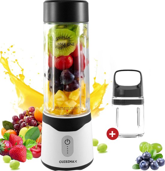 Cuisimax Blender To Go met 2 Drinkflessen – Draadloze Smoothie Maker 550ml – Oplaadbare Mini Blender – 250W – 6 RVS Messen